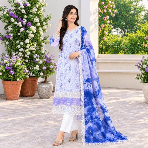 Laser Work Embroidery with Digital Print – 100% Cotton 3-Piece